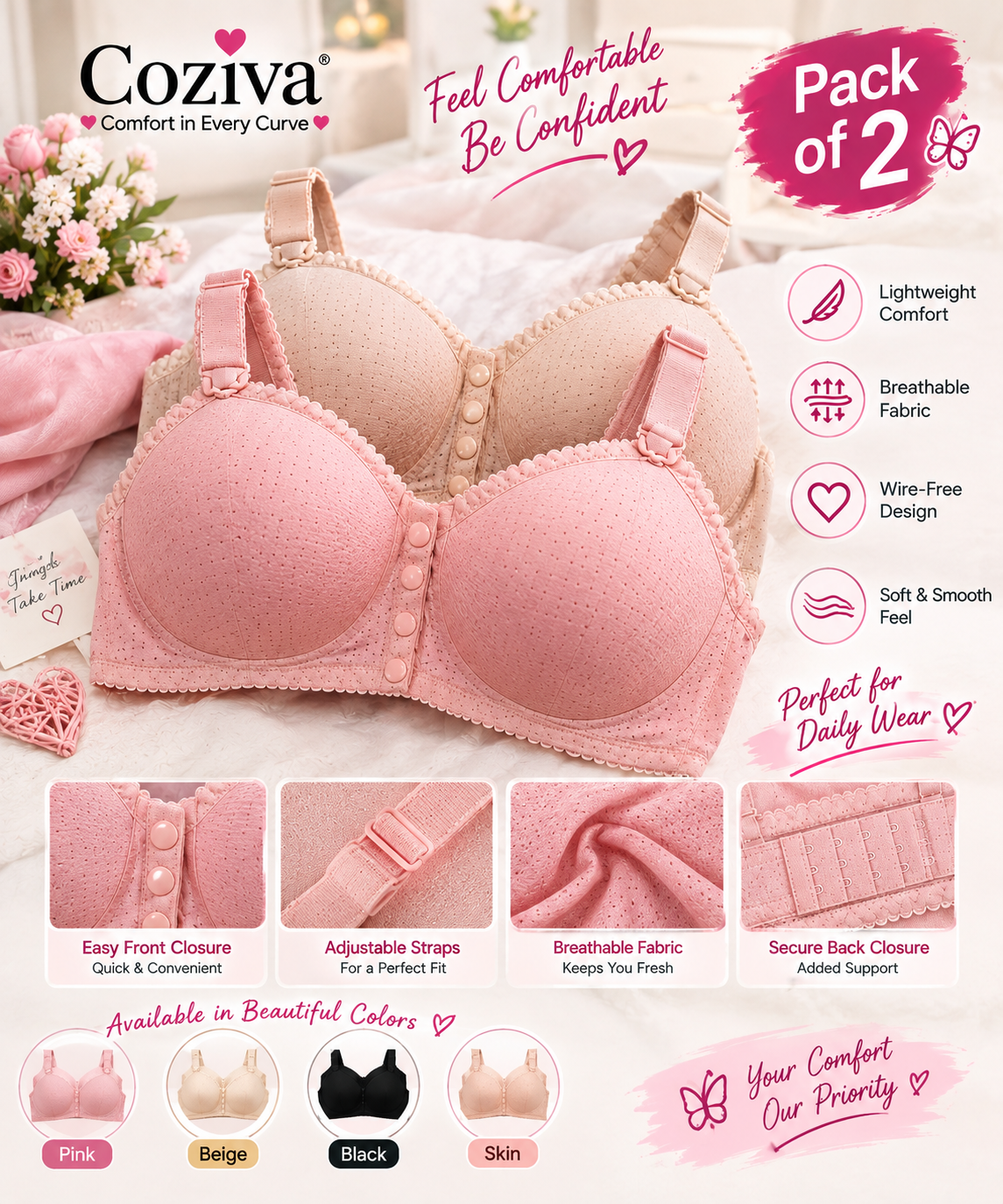 Pack of 2 Front Button Bra – Comfort & Everyday Support